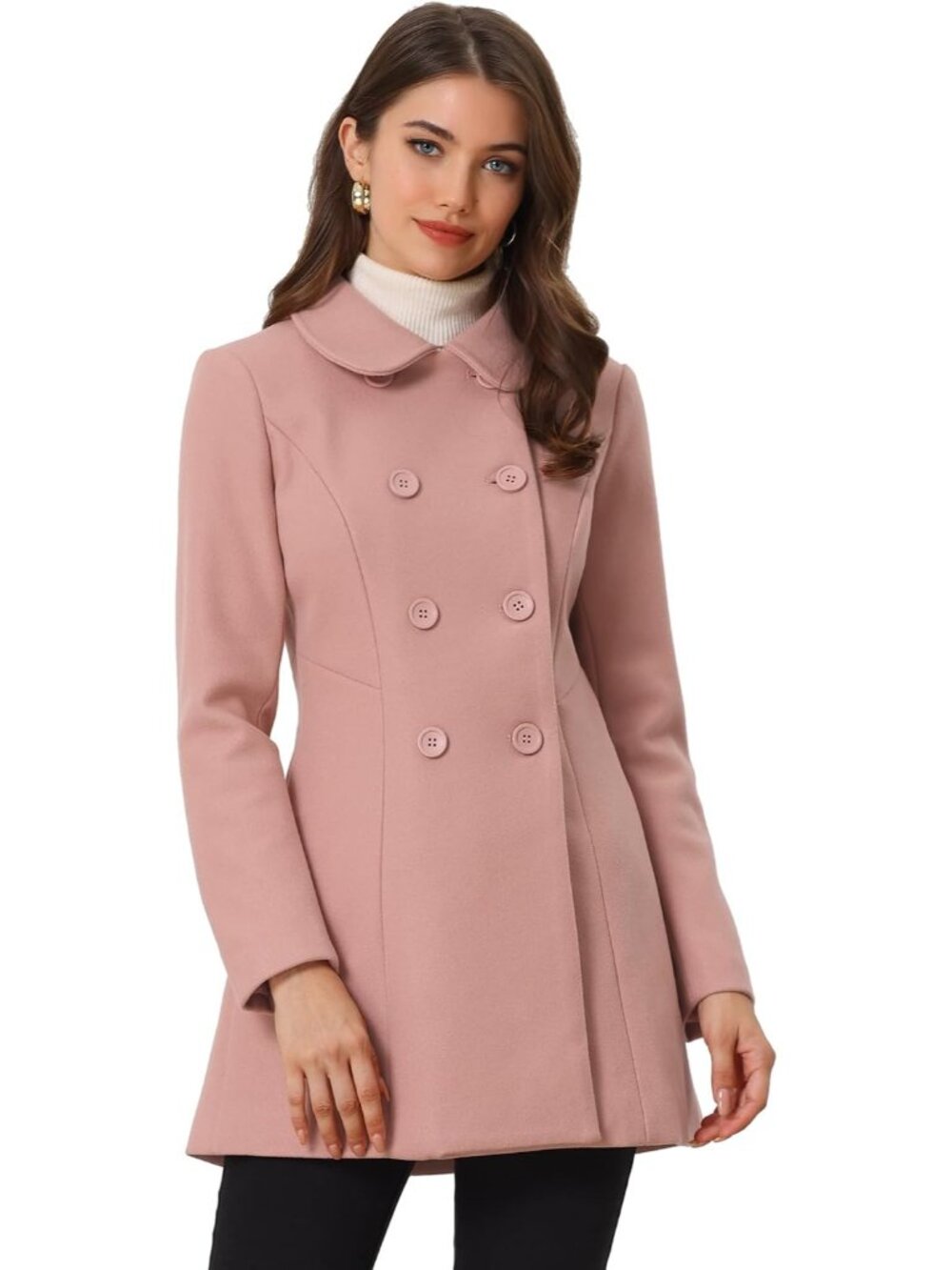 Women's Dusty Pink Fully lined Peter Pan Collar Double Breasted Trench Pea Coat